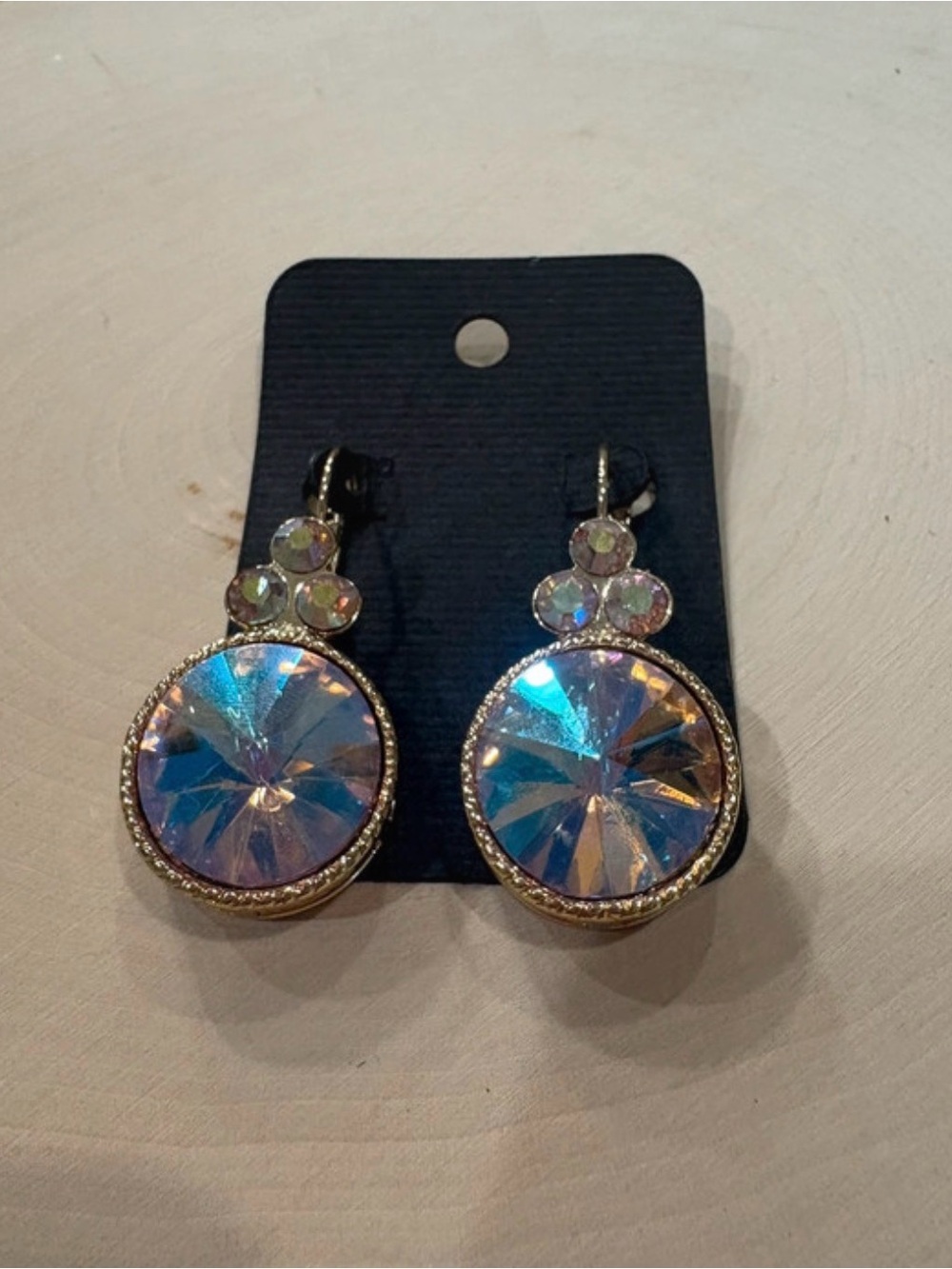 Pink iridescent and gold tone drop earrings Unbranded New on card